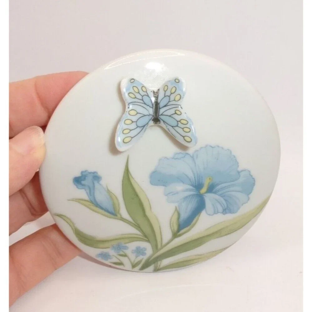 Butterfly Floral Trinket Jewelry Box w/ Lid Hibiscus Flower Blue Green Vtg Japan